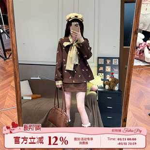 两件套 甜美风棕色夹棉外套女蝴蝶结上衣短裙套装 织物猪 翻糖兔兔