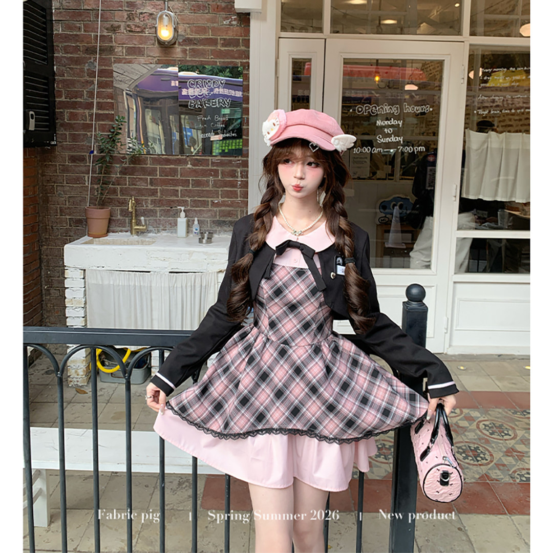 织物猪 黑甜粉阁 甜美风格纹娃娃领连衣裙女初秋小个子拼接短裙子