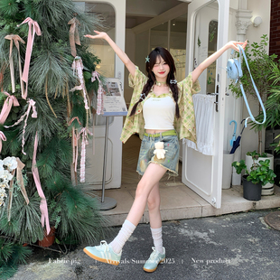 外套 织物猪 盛夏繁星 甜美风绿色宽松格纹衬衫 上衣女休闲百搭短袖