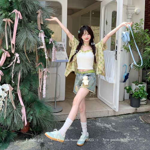 织物猪 盛夏繁星 甜美风绿色宽松格纹衬衫上衣女休闲百搭短袖外套