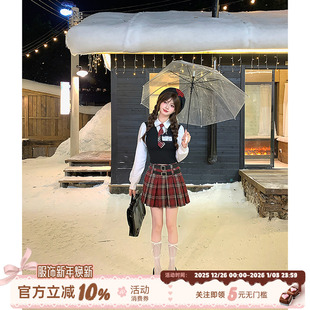 美式 套装 辣妹 衬衫 女复古红色格纹半身裙 学院风假两件长袖 织物猪