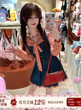 织物猪 树莓果酱 甜美风红色格子连衣裙女秋泡泡袖可爱减龄短裙子