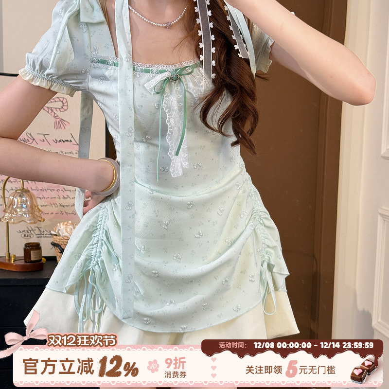 甜美风假两件方口领短袖连衣裙