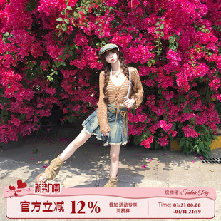 镂空罩衫 织物猪 水洗牛仔短裙套装 美式 吊带背心三件套 蝴蝶梦境