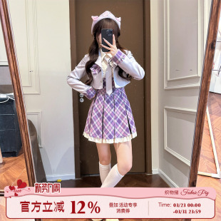 纹拼接连衣裙女初秋小个子长袖 少女学院风格 短裙 棕系学韵 织物猪