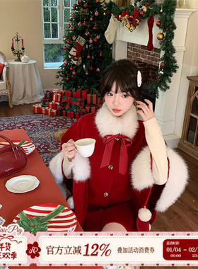 织物猪 冬日协奏曲 千金风复古红色斗篷外套女冬圣诞新年穿搭战袍