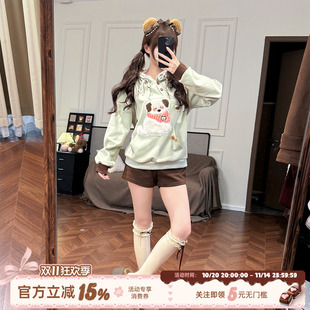 外套上衣 浅绿色贴布连帽卫衣女秋甜美可爱长袖 织物猪 抹茶小狗