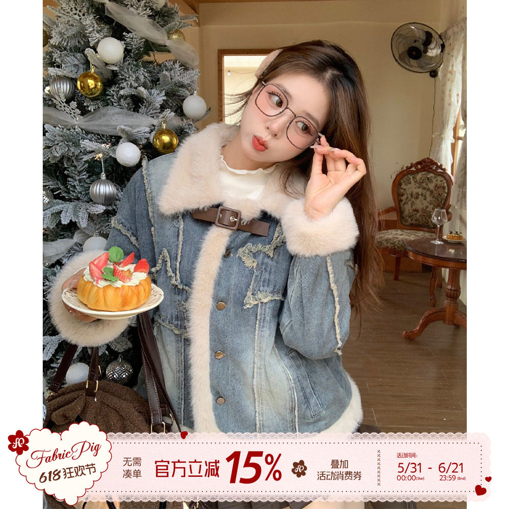 织物猪 摩登少女 复古毛毛拼接牛仔外套女秋冬加绒保暖冬装上衣