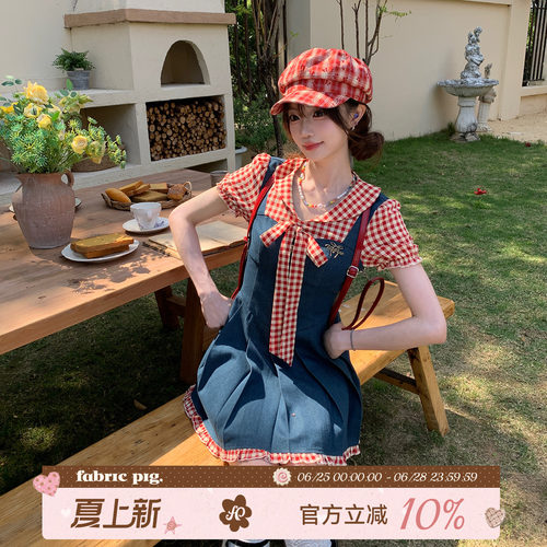 甜美风红色格子连衣裙女减龄短裙