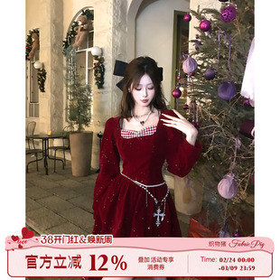 织物猪 莓果星尘 新年氛围感红色丝绒连衣裙女秋冬收腰花苞短裙子