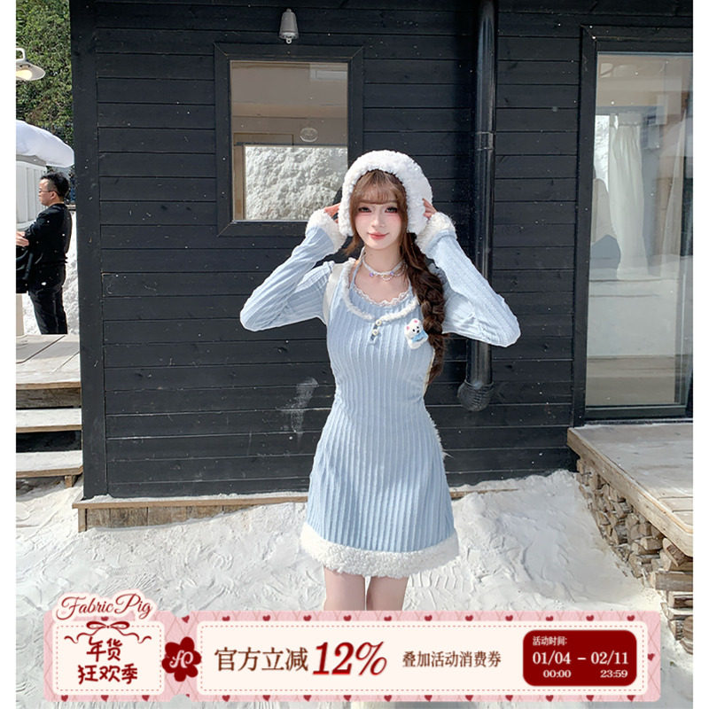 织物猪 夹心泡芙 甜欲风蓝色针织长袖连衣裙女秋冬穿搭毛衣短裙子