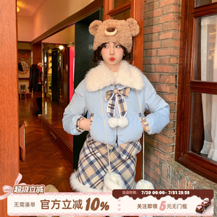 织物猪 上衣 初雪日记 甜美风蓝色棉服外套女冬小个子拼接格纹短款