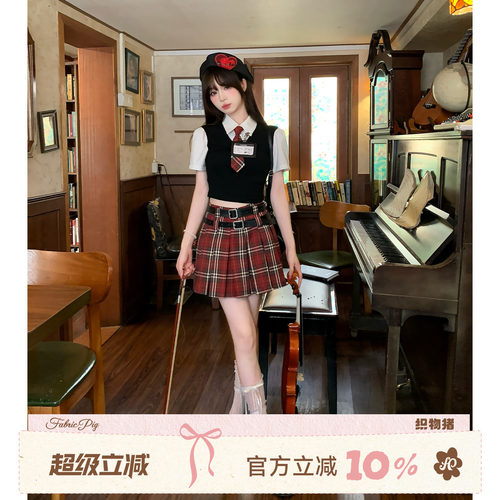 复古学院风假两件短袖衬衫套装女