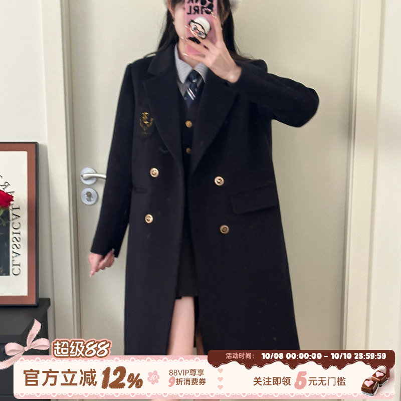 织物猪 绪奈女子 学院风毛呢外套女秋冬制服中长款夹棉呢子大衣