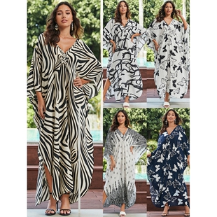 新款 海边度假防晒连衣长裙女宽松长袍比基尼泳衣外搭 人棉沙滩罩衫