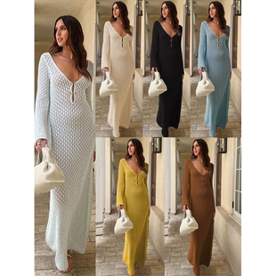 秋冬新款 沙滩裙纯色性感露背针织镂空日常连衣长裙比基尼泳衣罩衫