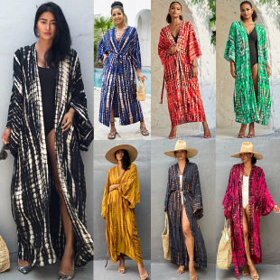 2023新款 防晒开始女度假宽松比基尼罩衣泳衣外搭 人棉扎染沙滩罩衫