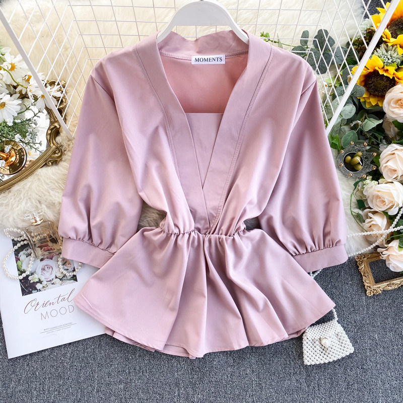 泰国潮牌气质中袖衬衫女设计感小众洋气荷叶摆系带收腰百搭上衣潮在类目 女装/女士精品, 蕾丝衫/雪纺衫中 - 来自Buy2taobao.com提供专业的淘宝代购服务