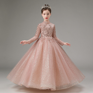 儿童礼服长袖 高端女童公主裙生日秋冬钢琴演出服春晚小主持人服装