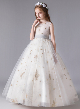 儿童礼服白色女童婚纱花童公主裙生日宴会晚礼服女孩小主持人服装