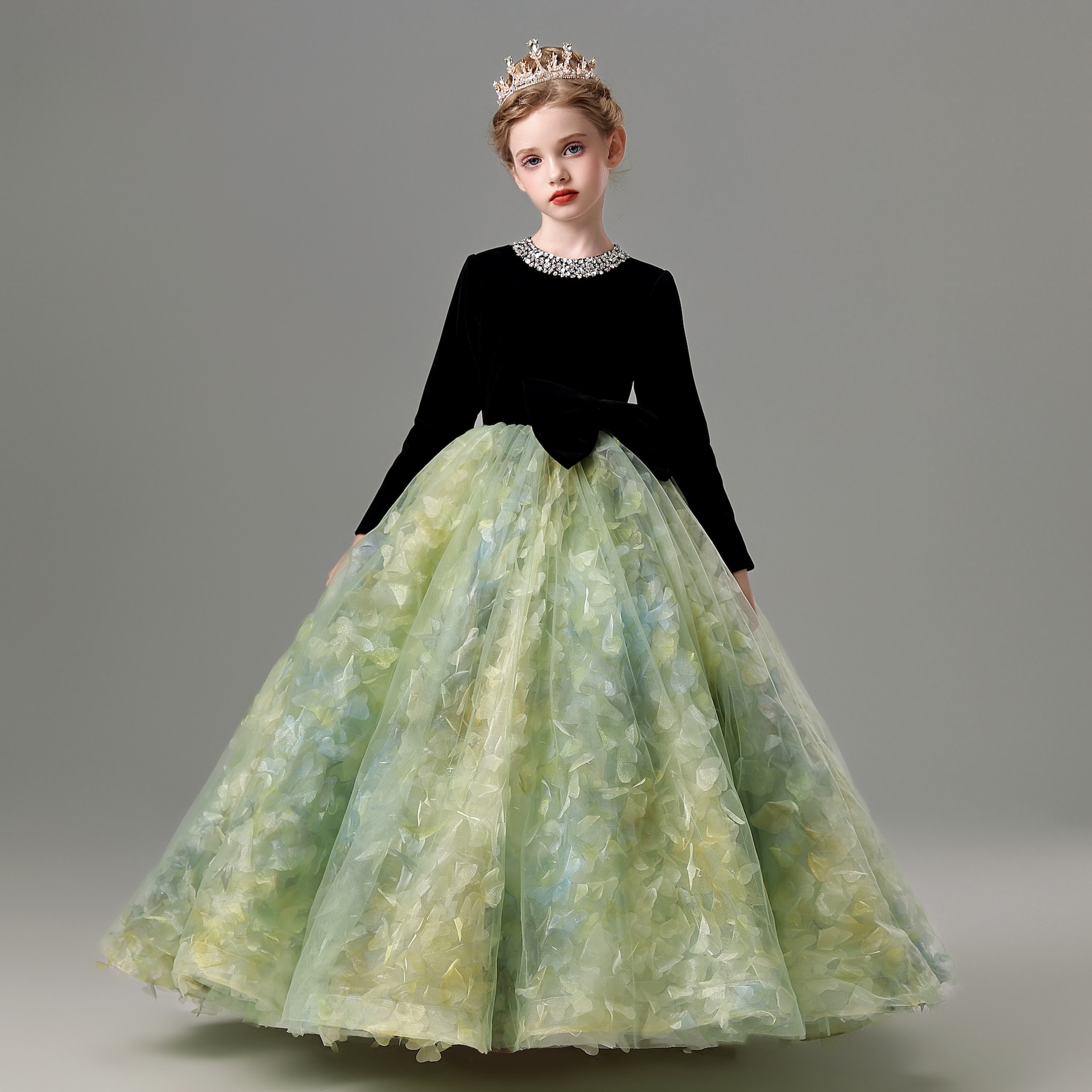 儿童礼服高端女童主持人运动会举牌钢琴演出服生日公主裙长袖秋冬