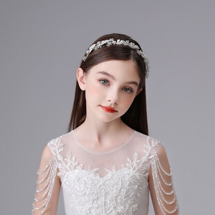 儿童发箍高级感银色珍珠水钻女童生日发饰花童公主裙演出礼服头饰