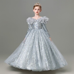 儿童礼服主持人亮片闪亮生日女童公主裙轻奢钢琴演出服长袖秋冬