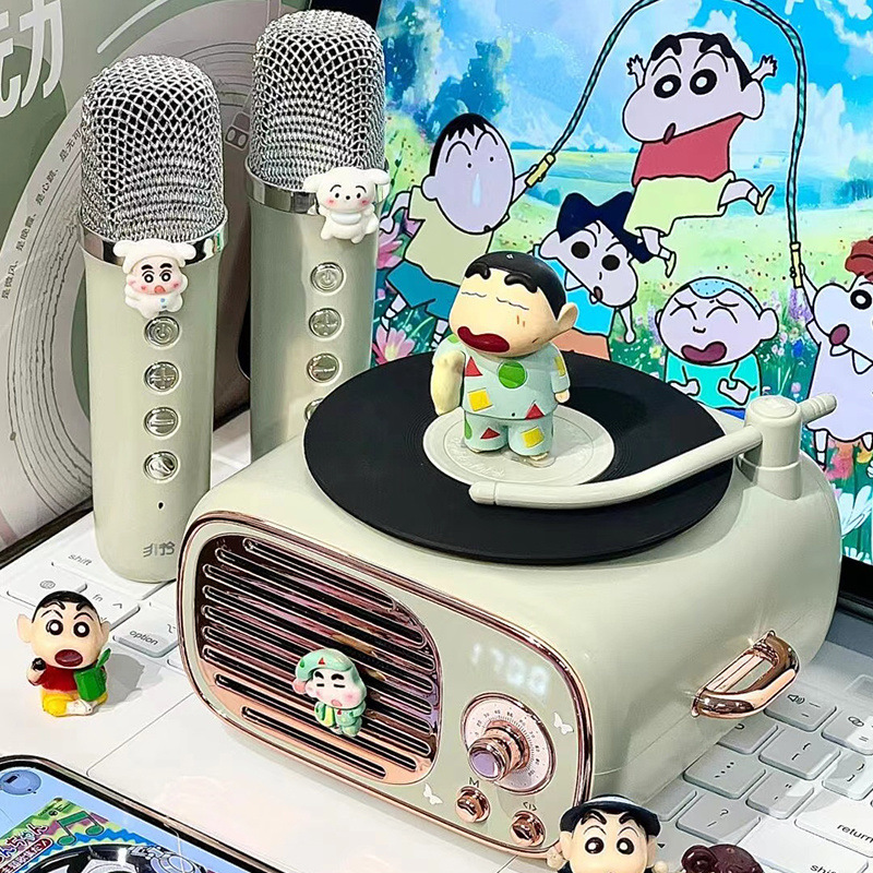 蜡笔小新蓝牙音箱小型复古唱片机音响话筒一体麦克风生日礼物