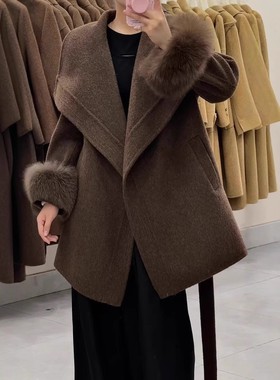 高端2025秋冬纹边中长毛狐狸毛双面毛呢大衣气质时尚经典毛呢外套