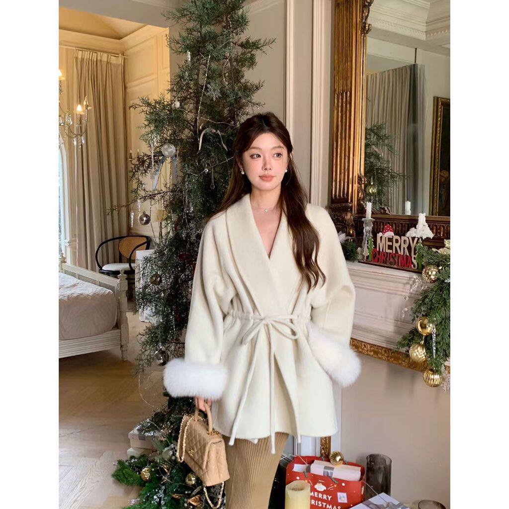 2025秋冬款狐狸毛袖口短款双面羊绒大衣女抽绳设计感气质羊毛外套