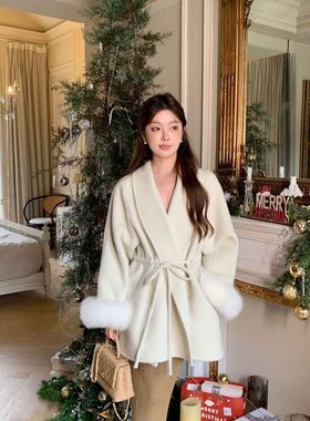 2025秋冬款狐狸毛袖口短款双面羊绒大衣女抽绳设计感气质羊毛外套