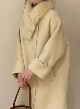温柔风狐狸毛领围脖双面羊毛绒大衣女中长款高级感千金风毛呢外套