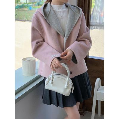 超好看韩版连帽甜美羊毛呢外套女宽松双面羊绒大衣小个子新款2025