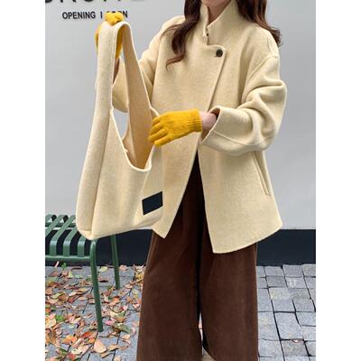 双面羊毛立领短款小个子大衣女