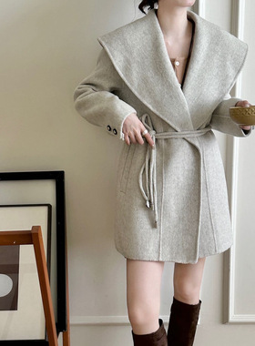 双面羊绒大衣女短款2025新款秋冬连帽宽松毛呢斗篷小个子呢子外套