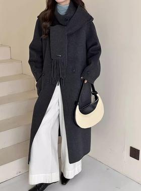 韩版双面羊绒大衣女中长款2025秋冬新款宽松显瘦围巾领羊毛呢外套