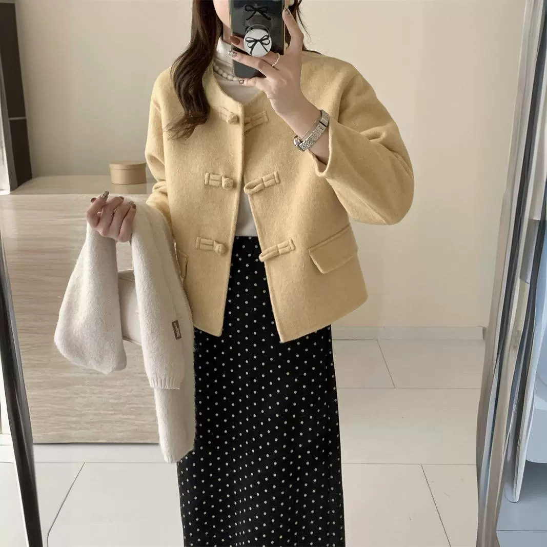 高端双面羊绒大衣女秋冬季小个子短款新中式盘扣国风上衣毛呢外套