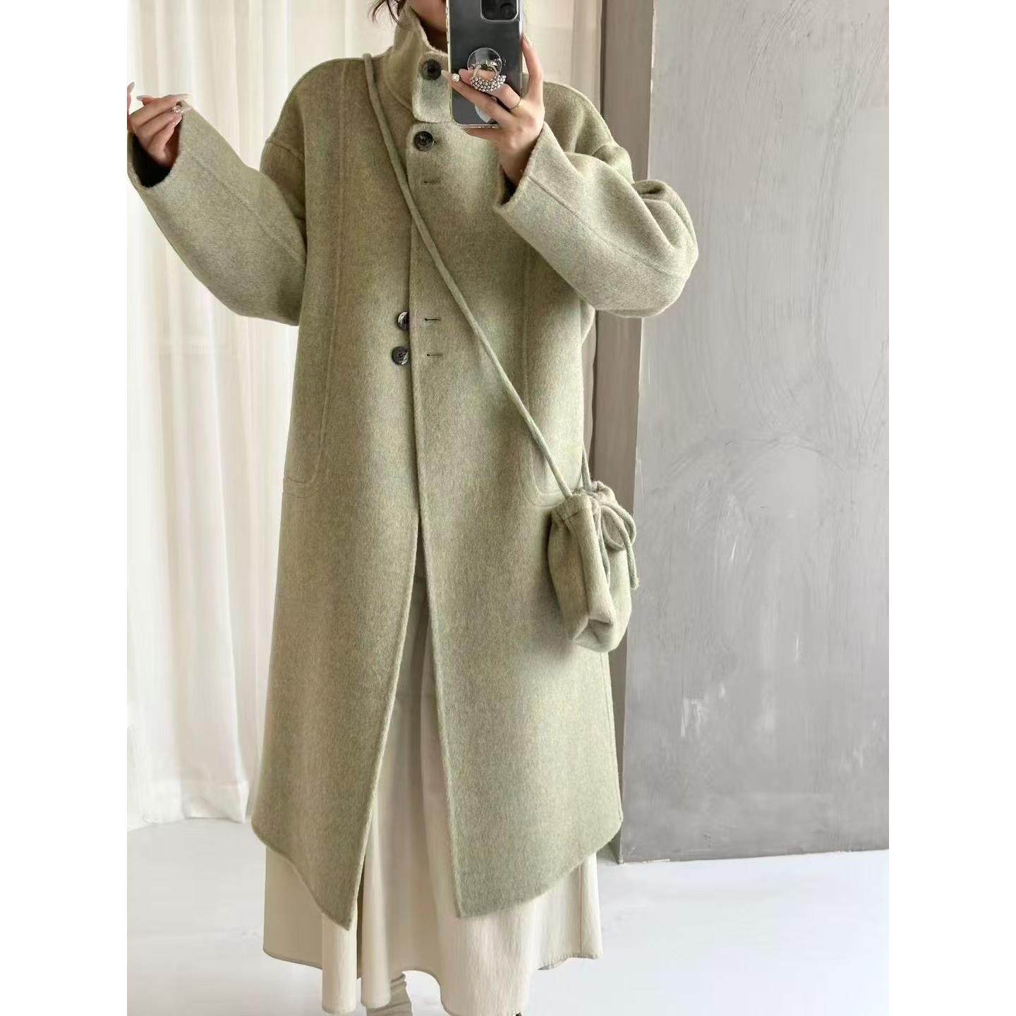 双面羊毛大衣女25秋冬韩版宽松小个子穿搭带挎包纯色系减龄毛呢款