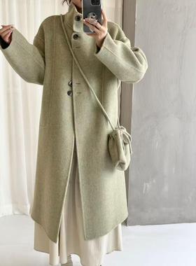 双面羊毛大衣女25秋冬韩版宽松小个子穿搭带挎包纯色系减龄毛呢款