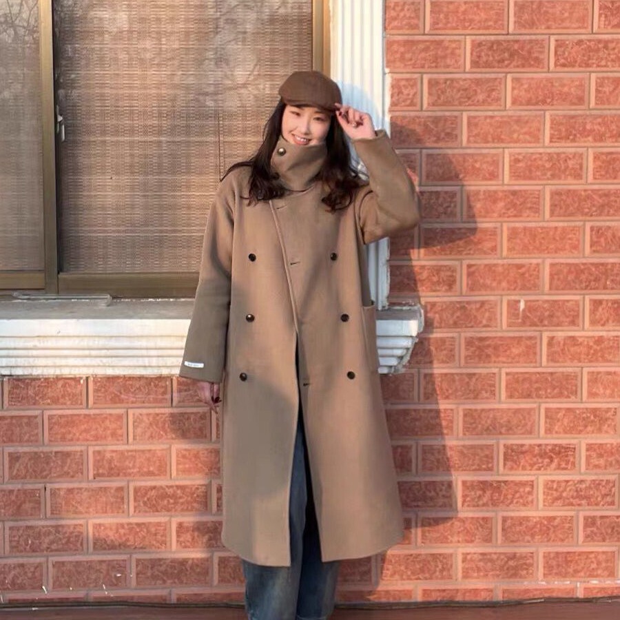 25秋冬100%双面羊毛大衣女韩版中长款双排扣宽松立领羊毛呢外套