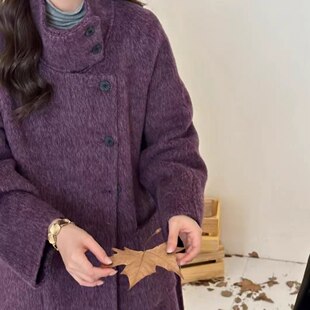 韩版 立领单排扣通勤优雅风高级感大衣直筒型 紫色毛呢外套女中长款