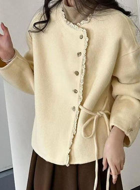 小香风蕾丝花边拼接双面羊毛大衣女短款2025新款减龄百搭毛呢外套