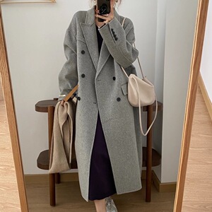 灰色羊绒双面呢大衣女2023年秋冬新款过膝韩版宽松赫本风毛呢外套
