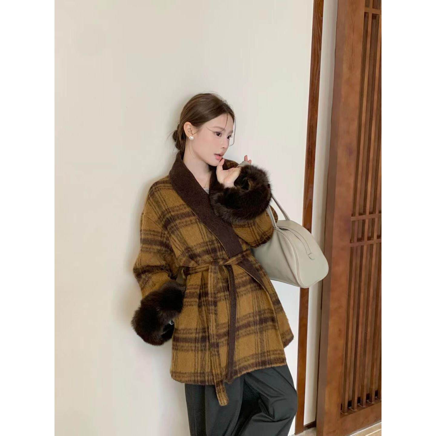 真狐狸毛格子双面呢羊绒大衣女2025冬季新款浴袍款超好看毛呢外套