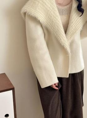 2025秋冬双面羊绒大衣小个子针织拼接韩版款大翻领短款外套女