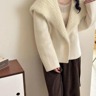 2025秋冬双面羊绒大衣小个子针织拼接韩版款大翻领短款外套女