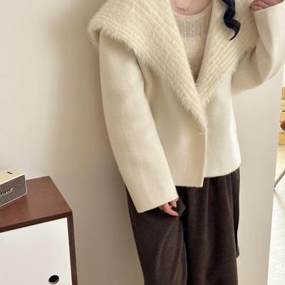 2025秋冬双面羊绒大衣小个子针织拼接韩版款大翻领短款外套女