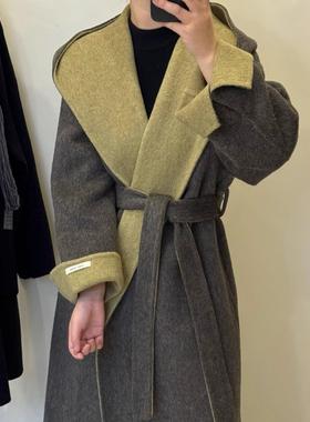 百搭连帽2025秋冬新款双色挽袖长款宽松休闲复古双面羊毛大衣外套