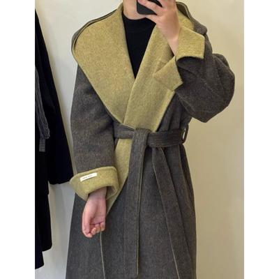 百搭连帽2025秋冬新款双色挽袖长款宽松休闲复古双面羊毛大衣外套