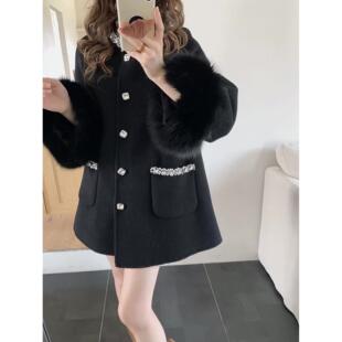 秋冬新款韩系钉珠高级感狐狸毛双面羊毛大衣女羊毛呢富家千金外套